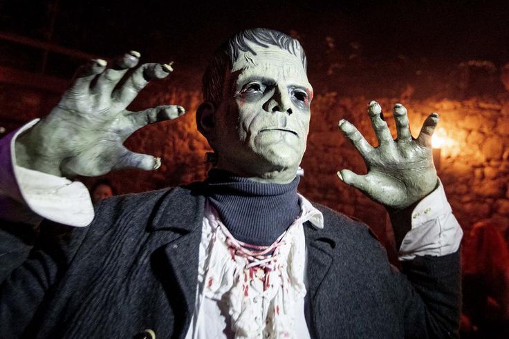 An actor depicting Frankenstein poses in the medieval Frankenstein Castle about 35 kilometers (22 miles) south of Frankfurt, Germany Saturday, Oct. 26, 2019. For 42 years the castle stages spooky Halloween events with monsters and live shows on three w...