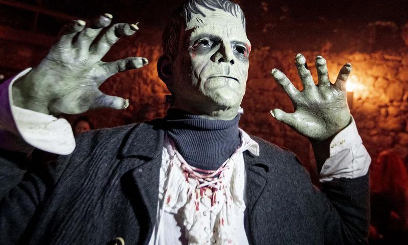 An actor depicting Frankenstein poses in the medieval Frankenstein Castle about 35 kilometers (22 miles) south of Frankfurt, Germany Saturday, Oct. 26, 2019. For 42 years the castle stages spooky Halloween events with monsters and live shows on three w...
