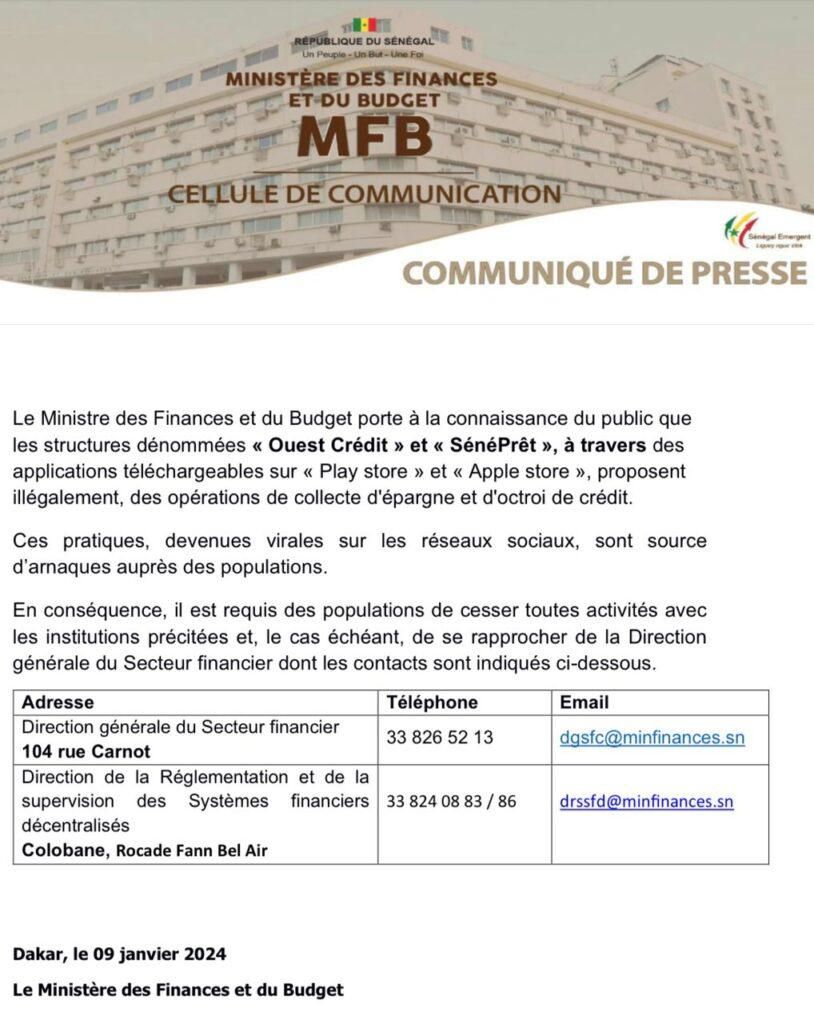 Communiqué du ministère des Finances