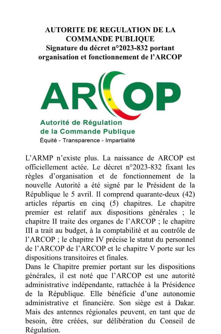 Décret supprimant l'ARMP  qui devient l'ARCOP