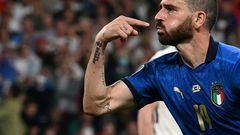 Italy defender Leonardo Bonucci celebrates his goal against England in the Euro 2020 final