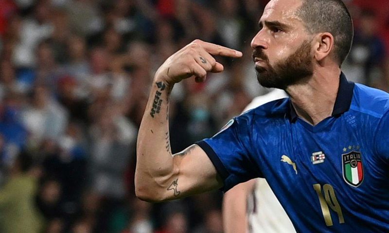Italy defender Leonardo Bonucci celebrates his goal against England in the Euro 2020 final