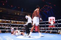 Francis Ngannou is knocked down for the third time as referee Ricky Gonzalez stops the fight during the heavyweight fight against Anthony Joshua