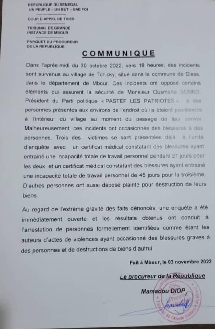 Communiqué du procureur de Mbour sur l'arrestation des éléments de la sécurité de Ousmane Sonko.