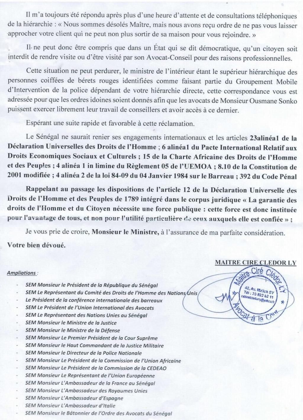 Suite de la lettre de Me Ciré Clédor LY