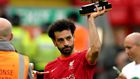 Salah holding up the Premier League golden boot award after the 3-1 win over Wolves
