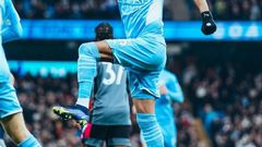 Mahrez celebrates his goal against Leicester at the Etihad.
