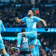Mahrez celebrates his goal against Leicester at the Etihad.
