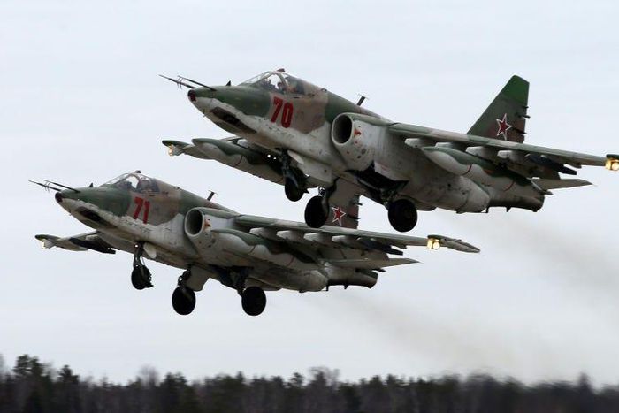 Sukhoi Su-25 jet aircraft, like the ones that Russia positioned near Ukraine and has reportedly used in its offensive against the country.