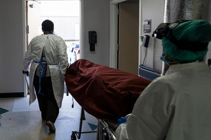 Medical staff push a stretcher with a deceased patient out of the COVID-19 intensive care unit at the United Memorial Medical Center on June 30, 2020 in Houston, Texas.