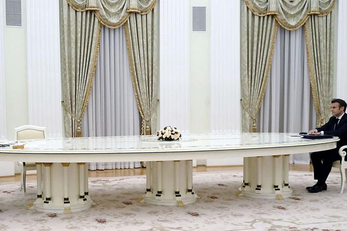 French President Emmanuel Macron (R) meets with Russian President Vladimir Putin (L) in Moscow on February 7, 2022, for talks in an effort to find common ground on Ukraine and NATO, at the start of a week of intense diplomacy over fears Russia is prepa...