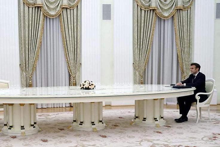 French President Emmanuel Macron (R) meets with Russian President Vladimir Putin (L) in Moscow on February 7, 2022, for talks in an effort to find common ground on Ukraine and NATO, at the start of a week of intense diplomacy over fears Russia is prepa...