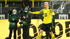 Erling Haaland celebrates scoring his second goal for Dortmund on Friday