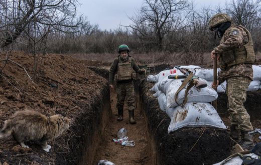 Ukrainian soldiers builds a bunker on the front line on.