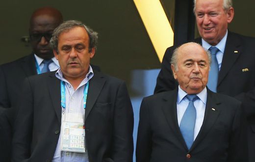Sepp Blatter (R) and Michel Platini (L) in 2015, banned for 8 years by FIFA Ethics Committee following a corruption scandal.