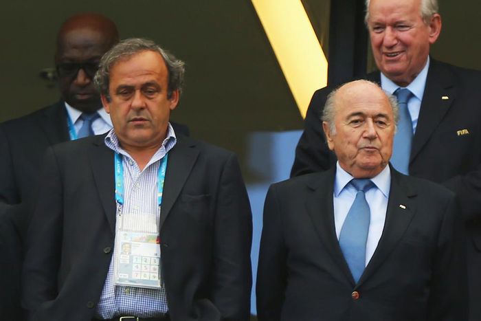 Sepp Blatter (R) and Michel Platini (L) in 2015, banned for 8 years by FIFA Ethics Committee following a corruption scandal.
