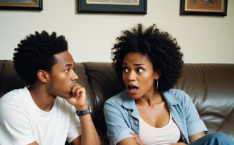 An AI-generated photo of a black couple arguing. They're sitting on a couch