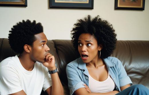 An AI-generated photo of a black couple arguing. They're sitting on a couch
