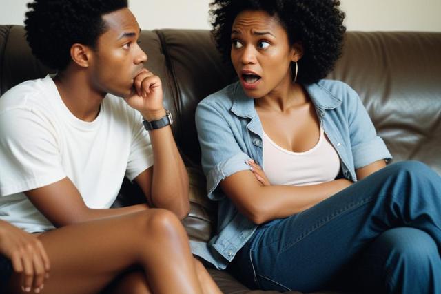 An AI-generated photo of a black couple arguing. They're sitting on a couch