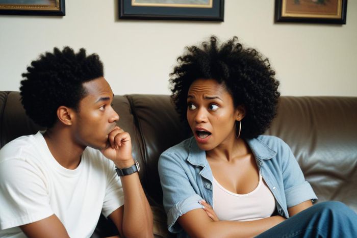 An AI-generated photo of a black couple arguing. They're sitting on a couch