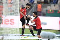 Mohamed Salah (L) celebrates after Mahmoud Trezeguet (R) scored the goal that gave Egypt victory over Morocco in an Africa Cup of Nations quarter-final in Yaounde on Sunday.