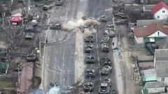 Ukraine destroyed Russian tanks that had bunched up on the outskirts of Kyiv, a battle captured by an overhead drone.