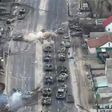 Ukraine destroyed Russian tanks that had bunched up on the outskirts of Kyiv, a battle captured by an overhead drone.