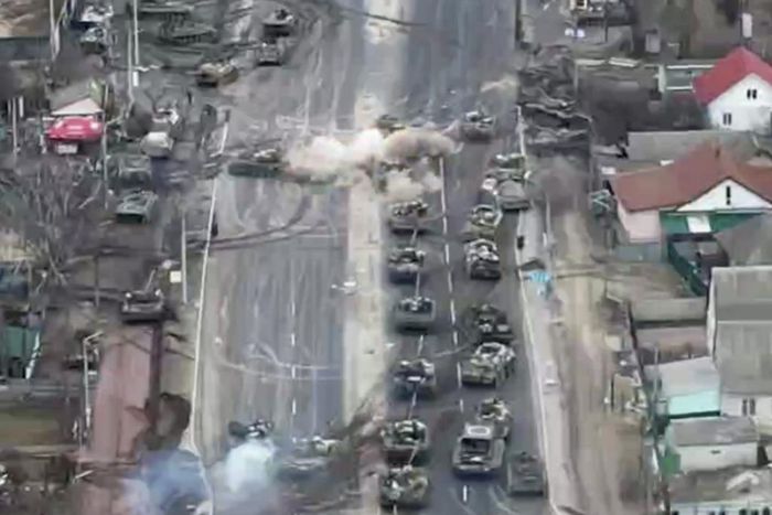 Ukraine destroyed Russian tanks that had bunched up on the outskirts of Kyiv, a battle captured by an overhead drone.