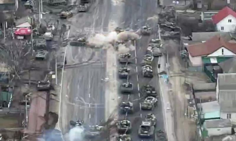 Ukraine destroyed Russian tanks that had bunched up on the outskirts of Kyiv, a battle captured by an overhead drone.