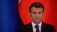 French President Emmanuel Macron speaks to the media during a joint press conference with Ukrainian President Volodymyr Zelensky after their meeting on February 08, 2022 in Kyiv, Ukraine.