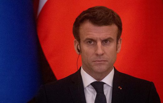 French President Emmanuel Macron speaks to the media during a joint press conference with Ukrainian President Volodymyr Zelensky after their meeting on February 08, 2022 in Kyiv, Ukraine.