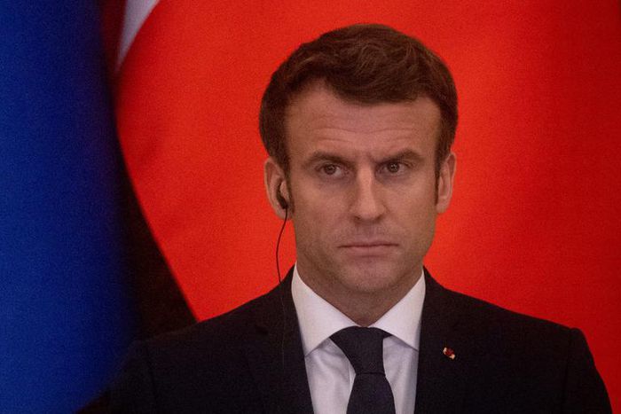 French President Emmanuel Macron speaks to the media during a joint press conference with Ukrainian President Volodymyr Zelensky after their meeting on February 08, 2022 in Kyiv, Ukraine.