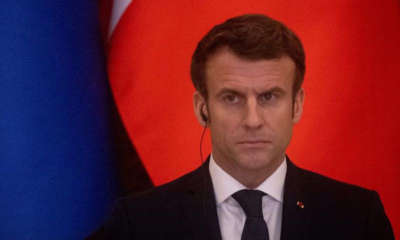 French President Emmanuel Macron speaks to the media during a joint press conference with Ukrainian President Volodymyr Zelensky after their meeting on February 08, 2022 in Kyiv, Ukraine.