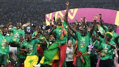 Senegal celebrate with the trophy after winning their first Africa Cup of Nations title