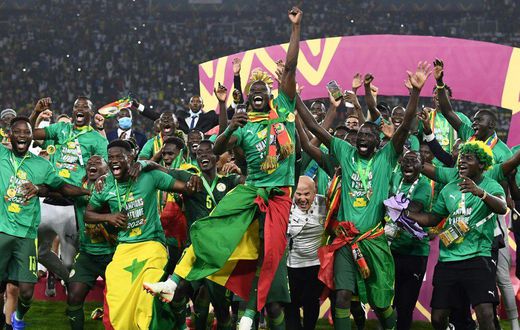 Senegal celebrate with the trophy after winning their first Africa Cup of Nations title