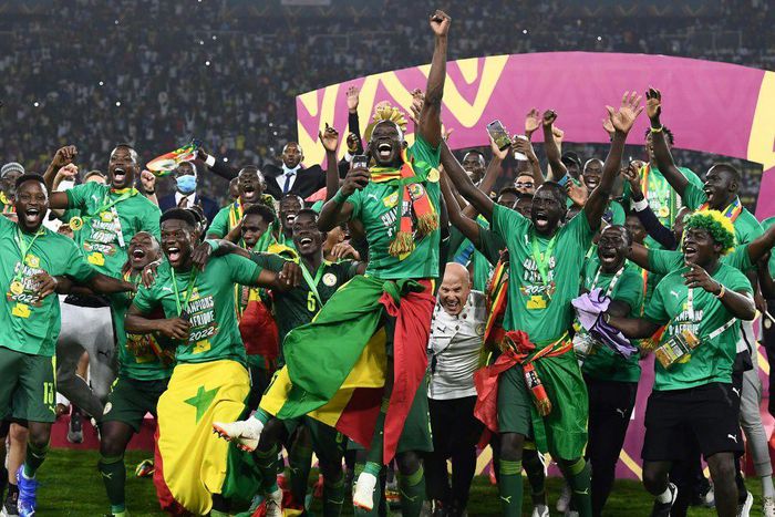 Senegal celebrate with the trophy after winning their first Africa Cup of Nations title