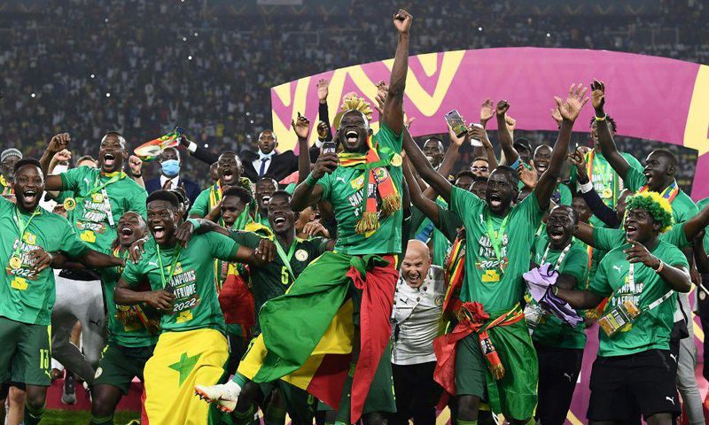 Senegal celebrate with the trophy after winning their first Africa Cup of Nations title