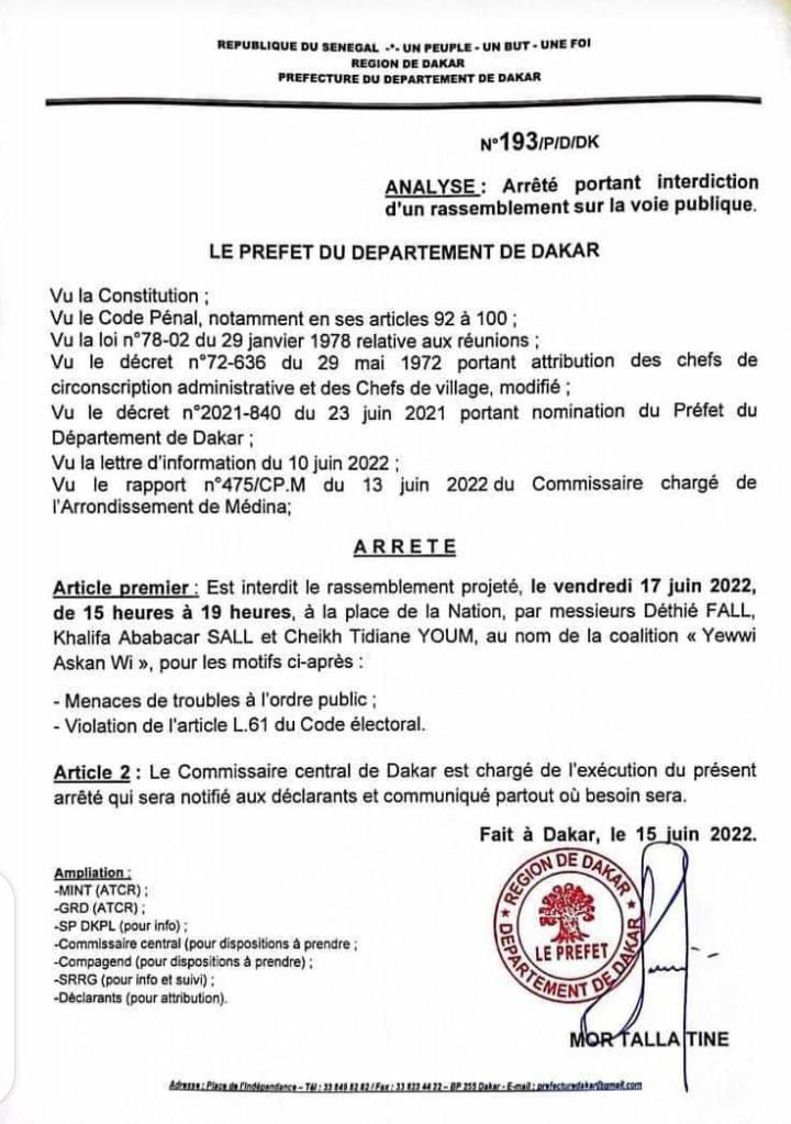 Communiqué du Préfet de Dakar