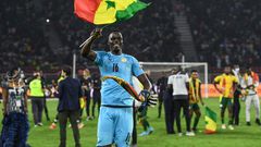 Edouard Mendy waves a Senegalese flag as he celebrates winning the Cup of Nations in Yaounde