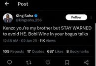 Saha warns Kenzo: Remove Bobi Wine from your bogus talks