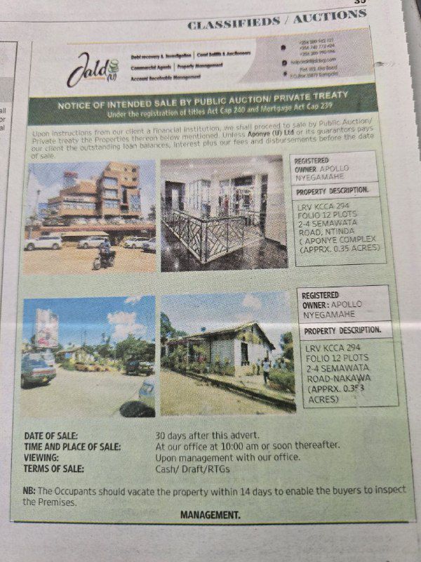 Properties owned by Aponye at risk of auction over loans