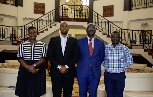 Matilda Babuleka  Marketing Manager Beer portfolio, Omukama of Tooro, Dr Oyo Nyimba Kabamba Iguru Rukidi 1V, Andrew Kilonzo the Managing Director of UBL and Edgar Kihumuro Brand Manager of Pilsner Lager