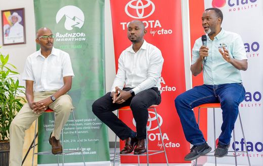 Amos Wekesa, the Rwenzori Marathon Team Lead, Isaac Tegule, Marketing Manager of CFAO Mobility at the press conference