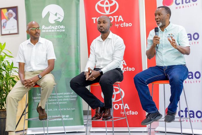 Amos Wekesa, the Rwenzori Marathon Team Lead, Isaac Tegule, Marketing Manager of CFAO Mobility at the press conference