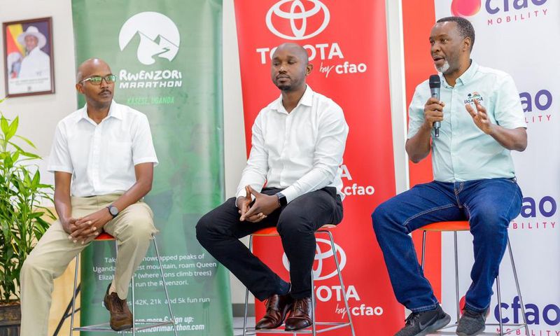 Amos Wekesa, the Rwenzori Marathon Team Lead, Isaac Tegule, Marketing Manager of CFAO Mobility at the press conference