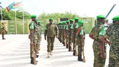 Lt. Gen. Sam Kavuma was accorded a guard of honour by UPDF troops at the ATMIS headquarters