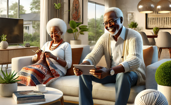 An AI-generated of a modern Kenyan home setting with grandparents relaxing together