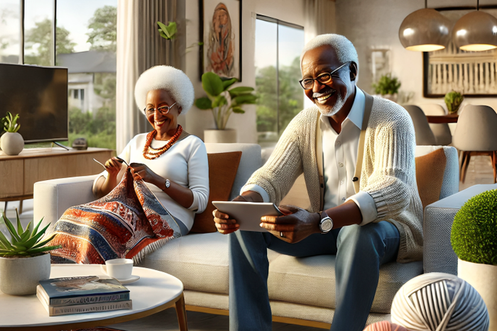 An AI-generated of a modern Kenyan home setting with grandparents relaxing together