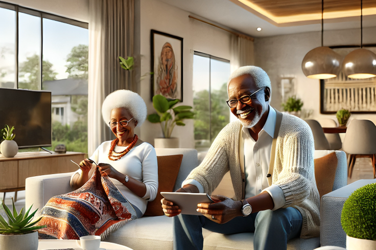 An AI-generated of a modern Kenyan home setting with grandparents relaxing together