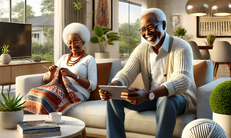 An AI-generated of a modern Kenyan home setting with grandparents relaxing together